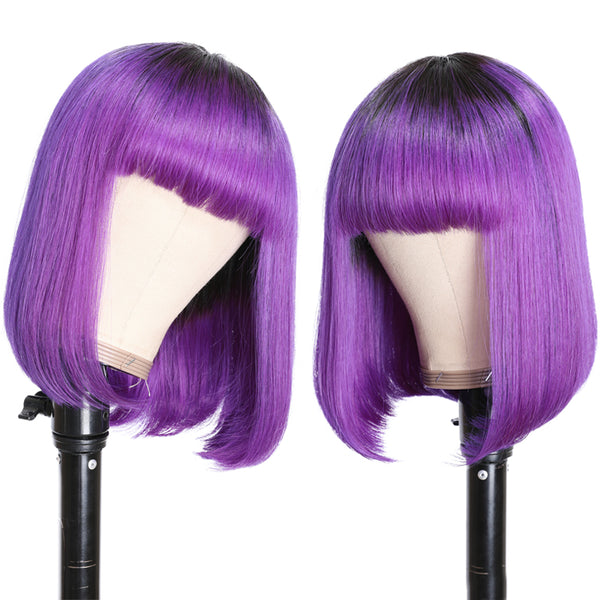 Sunber T1B/Purple Ombre Bob Wig with Dark Roots Short Straight Human hair with Bangs Machine Made Human Hair Wig