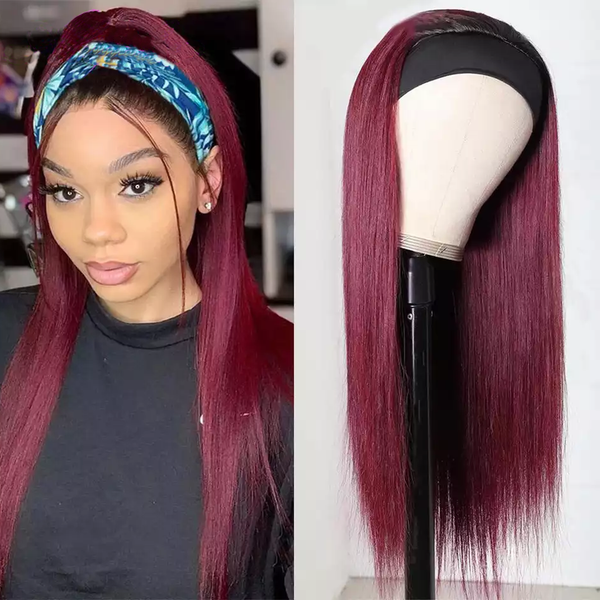 Sunber Ombre 99J Burgundy Color Straight Headband Wigs with Black Root 150% Density Glueless Human Hair Wigs