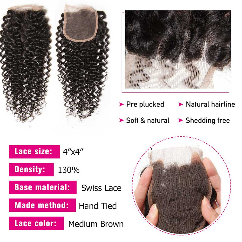 Sunber Hair Brazilian Virgin Curly Hair 3 Bundles with 4*4 Lace Closure 100% Human Hair