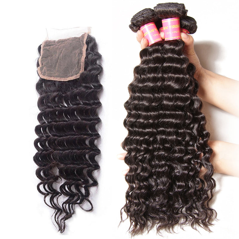 Virgin Peruvian Deep Wave Hair Weaves, 4 Bundles with 4*4 Lace Closure - Sunberhair