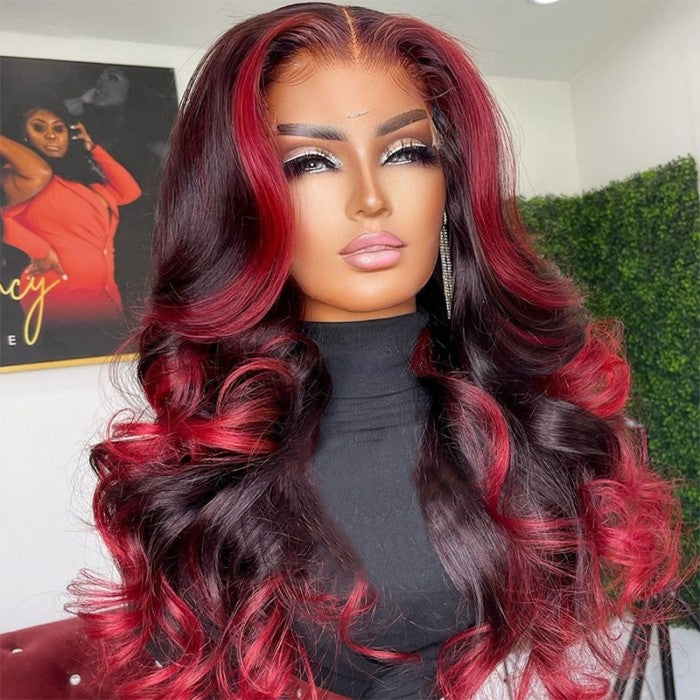 Sunber 13*4 Lace Front Dark Burgundy With Rose Red Highlights Loose Wave Human Hair Wig Flash Sale
