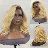 Sunber Dark Roots Golden Blonde Short Bob Wig Loose Wave 13x4 Lace Front Wigs