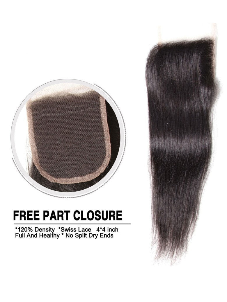 Sunber Hair Indian Virgin Hair Silky Straight Hair 3 Bundles With 4x4 Lace Closure, 8A Human Hair Weaves