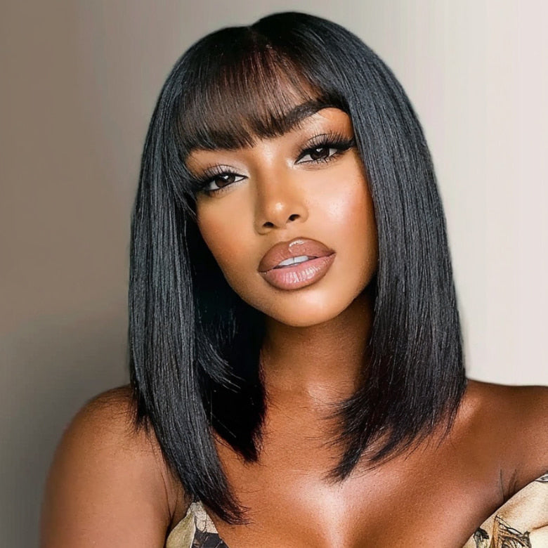 Flash Sale Sunber Yaki Straight Human Hair Glueless Wig with Blunt Cut Bangs Natural Black Color