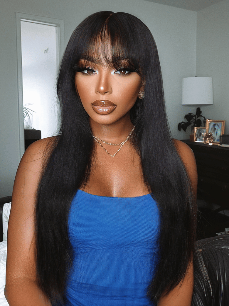 Flash Sale Sunber Yaki Straight Human Hair Glueless Wig with Blunt Cut Bangs Natural Black Color