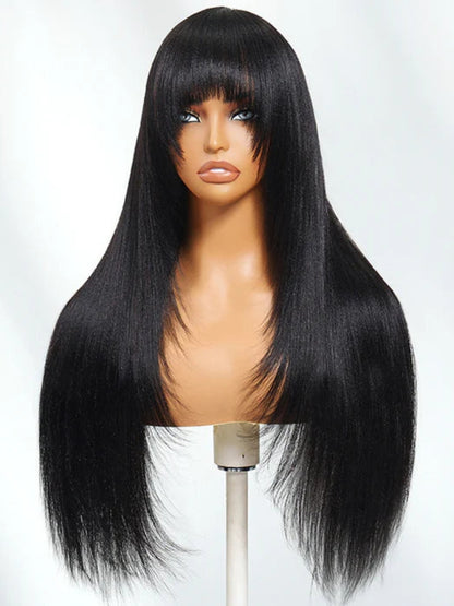 Sunber Yaki Straight Human Hair Glueless Wig with Blunt Cut Bangs Natural Black Color Flash Sale