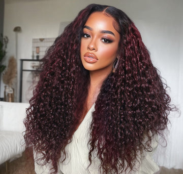 Sunber Water Wave 13 By 4 Pre Everything Lace Frontal Burgundy Wig With Dark Roots Dark Plum Hair