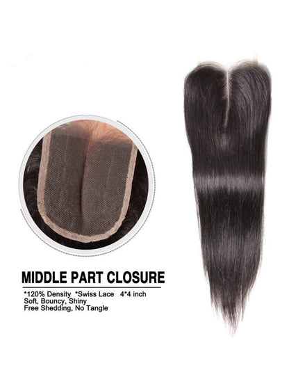 Sunber Hair Indian Virgin Hair Silky Straight Hair 3 Bundles With 4x4 Lace Closure, 8A Human Hair Weaves