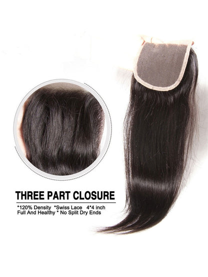 Sunber Hair Indian Virgin Hair Silky Straight Hair 3 Bundles With 4x4 Lace Closure, 8A Human Hair Weaves
