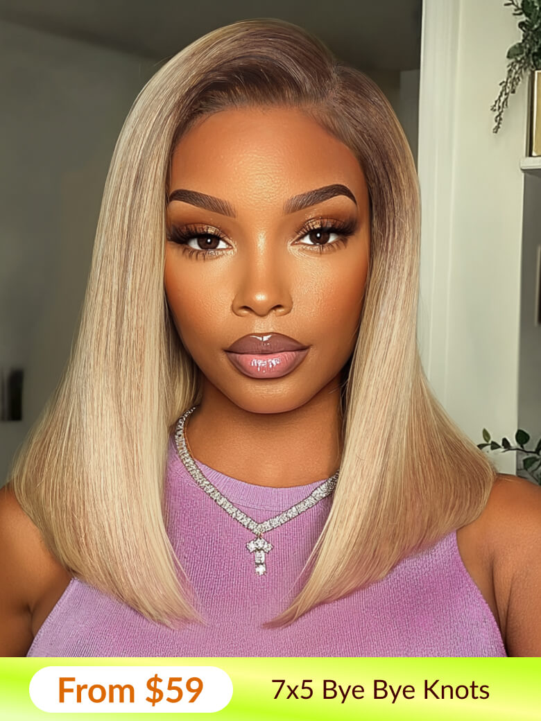 [From $59] 7x5 Bye Bye Knots Blonde With Brown Root Color Pre-Cut Lace Bob Wig Vip Member Flash Sale