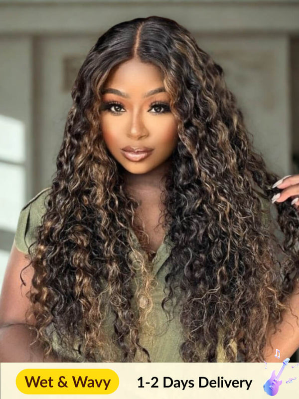Sunber 13x4 Pre Everything Natural Black with Caramel Blonde Highlights Water Wave Lace Frontal Wig With Invisi Drawstring Vip Member Flash Sale