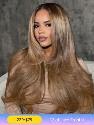 [22”=$79] 13x4 Lace Frontal 180% Density Honey Blonde Highlight Layer Cut Straight Bye Bye Knots Wig Vip Member Flash Sale