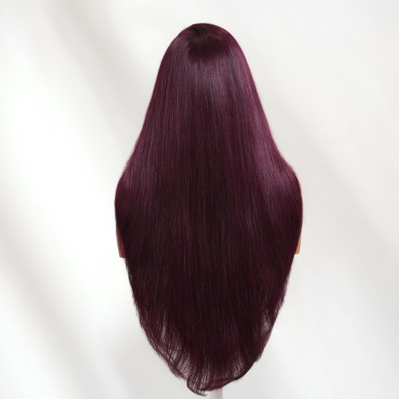 Sunber 180% Density Silky Straight 7x5 Pre Cut Lace Black Cherry Dark Burgundy Wig With C Part Fringe Long Layered Fringe Wispy Bangs