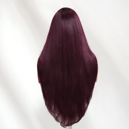 Sunber 180% Density Silky Straight 7x5 Pre Cut Lace Black Cherry Dark Burgundy Wig With C Part Fringe Long Layered Fringe Wispy Bangs