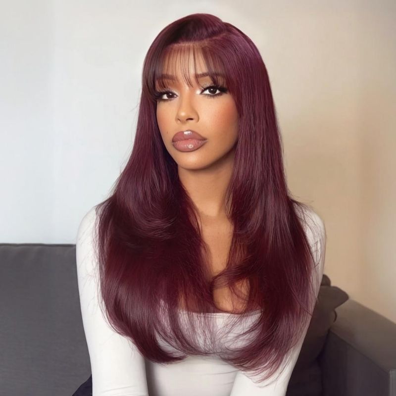 Sunber 180% Density Silky Straight 7x5 Pre Cut Lace Black Cherry Dark Burgundy Wig With C Part Fringe Long Layered Fringe Wispy Bangs