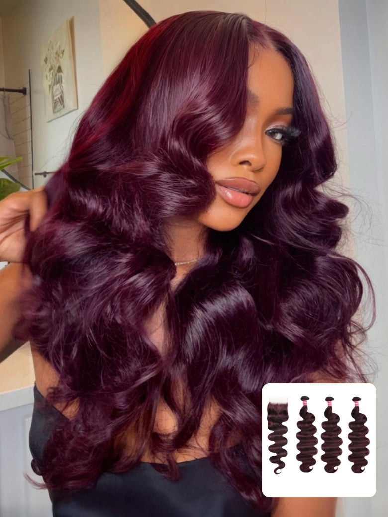 Flash Sale Sunber Body Wave Black Cherry Burgundy 3 Bundles With 4x4 Swiss Lace Closure
