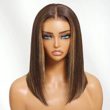 Flash Sale Sunber Mocha Brown Highlight Bob Wig with Caramel Highlights 7x5 Bye-Bye Knots Wig