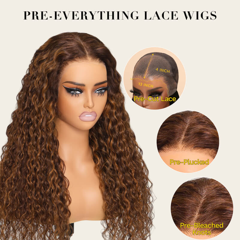 Sunber Piano Brown Highlight Big Curly 13*4 Lace Frontal Wigs Balayage Water Wave Human Hair