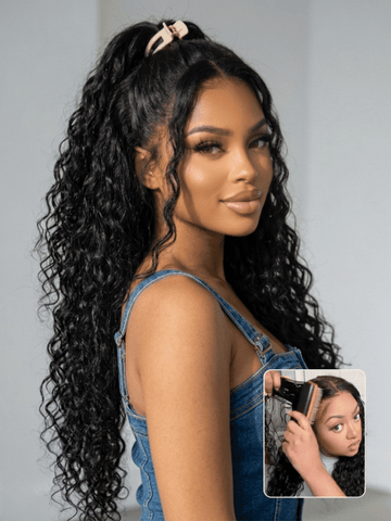 [18''=$119]Sunber 13x6 Pre Cut 180% Density Wet And Wavy Water Wave Natural Black Lace Frontal Wig With Invisi Drawstring Flash Sale
