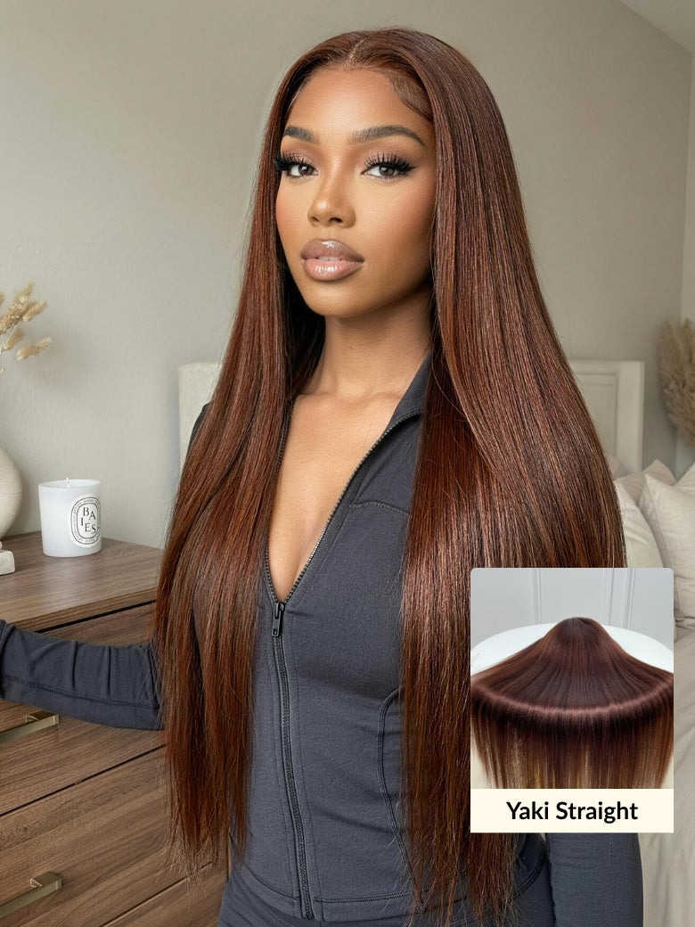 Sunber Chestnut Mocha Brown Yaki Straight 7x5 Lace Closure Put on and Go Wig With Elastic Drawstring