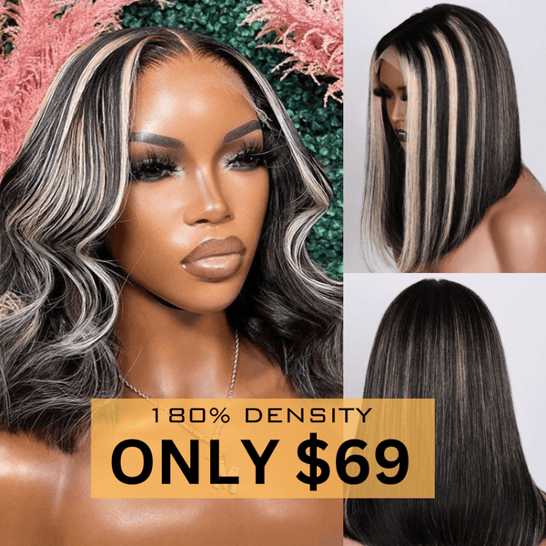 Sunber Face-Framing Chunky Highlights Bob With Dark Roots Human Hair Lace Wigs Flash Sale