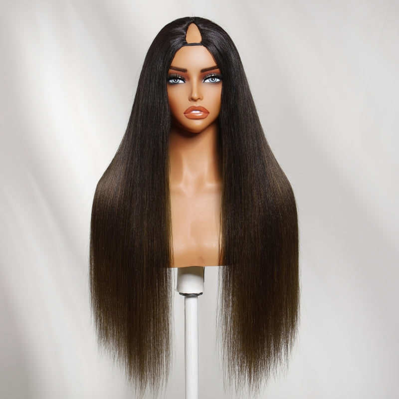 Sunber Yaki Straight Chestnut Brown Ombre V Part Glueless Human Hair Wig With Invisi Drawstring
