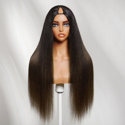 Sunber Yaki Straight Chestnut Brown Ombre V Part Glueless Human Hair Wig With Invisi Drawstring