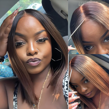 Sunber Put On and Go Ombre Chestnut Brown 7x5 Bye-Bye Knots Yaki Straight Short Bob Wig with Invisi Drawstring