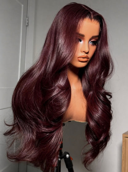 Sunber Burgundy Red Layered Body Wave 7x5 Pre Cut Glueless Wig with Invisi Drawstring