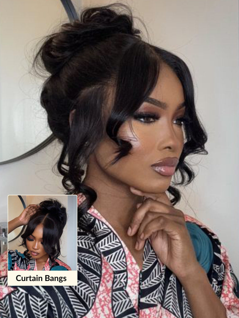 Sunber 13x4 Pre-Everything Pull And Go Drawstring Loose Wave with Face Framing Curtain Bangs Wig Flash Sale