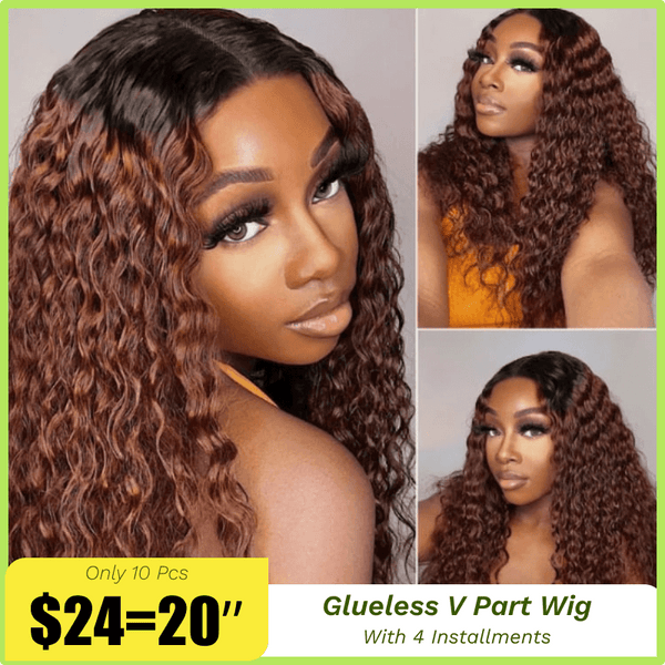 [$24=20'']Flash Sale Reddish Brown Water Wave Put on and go pre cut lace wigs Pre-Plucked