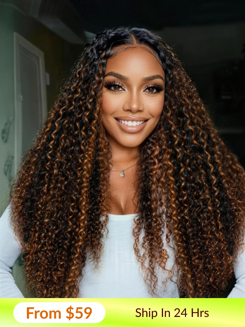 [From $59] Sunber Brown Highlights with Dark Roots Jerry Curly Upgraded V Part Wig Vip Member Flash Sale