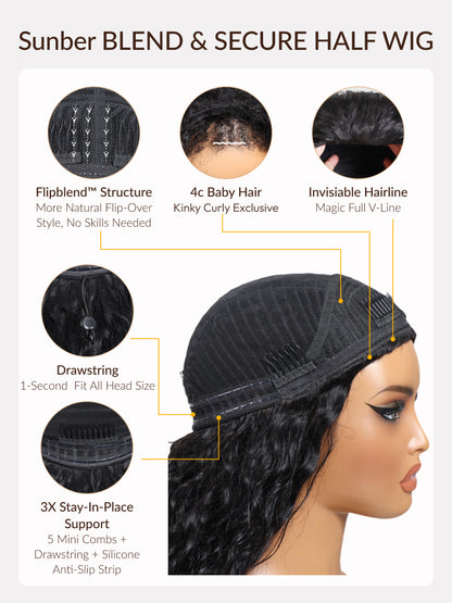Sunber Blend &amp; Secure Blow-out Natural Black Yaki Straight Bob Half Wig With Invisi Drawstring