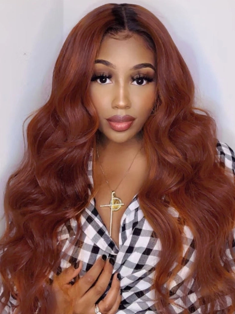 Sunber Reddish Brown Dark Roots V Part Wig Body Wave Glueless Wigs 180% Density Flash Sale