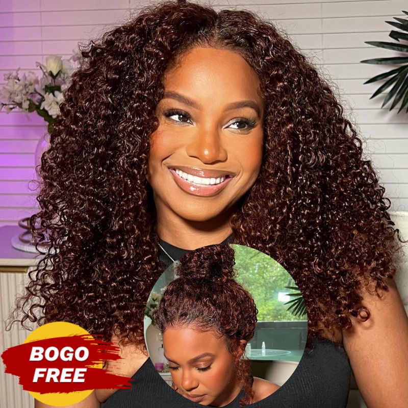 BOGO Sunber Pre-Cut Lace Reddish Brown Curly Quick & Easy Installation Glueless Wigs