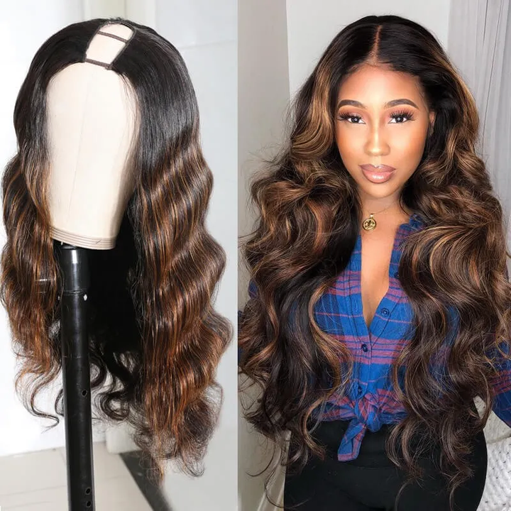 Sunber 18inch Mix Brown Highlights Body Wave U Part Wig Get Free Bob Wig Buy 1 Get 1 Free Flash Sale