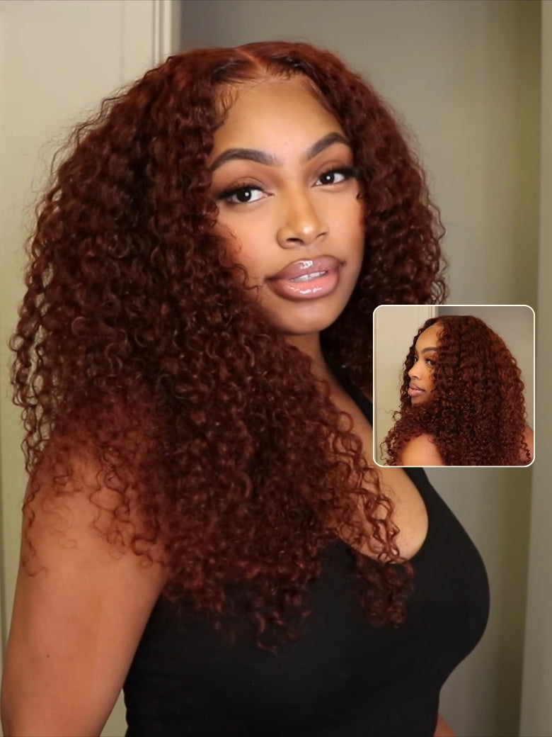Sunber Reddish Brown Jerry Curly 7×5  Bye Bye Knots Wig-Glueless & 100% Human Hair & Elastic Drawstring Flash Sale