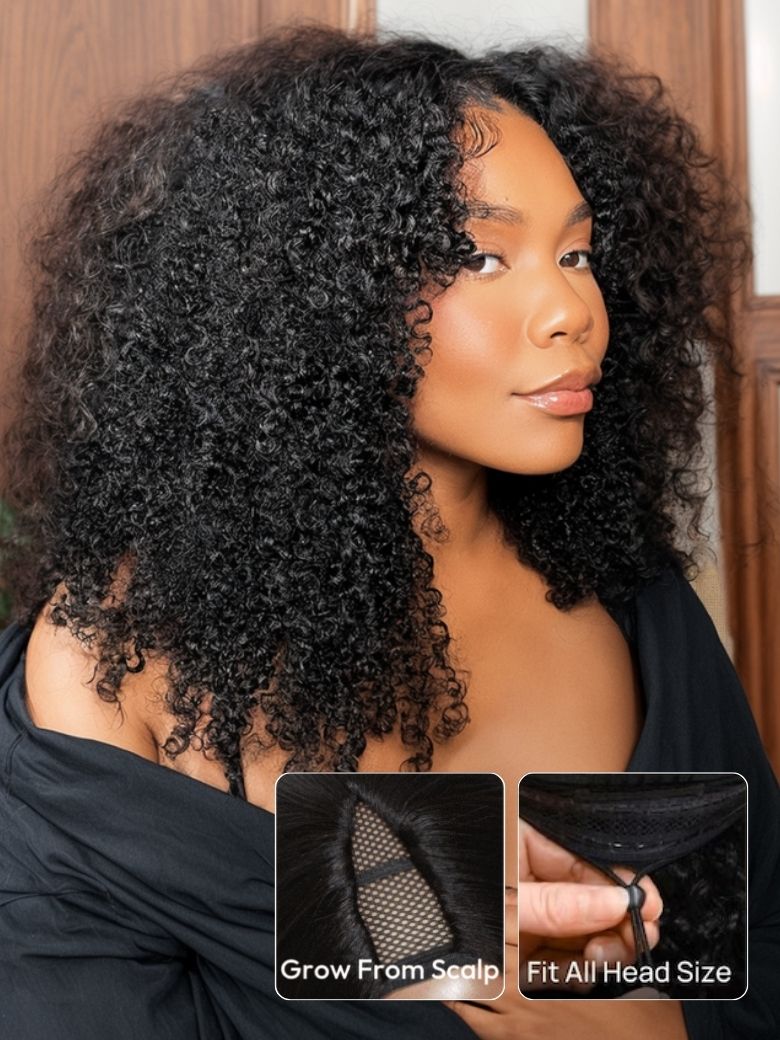 Sunber 180% Density Afro/ Kinky Curly Upgrade New V Part With No Lace No Glue Affordable Wig