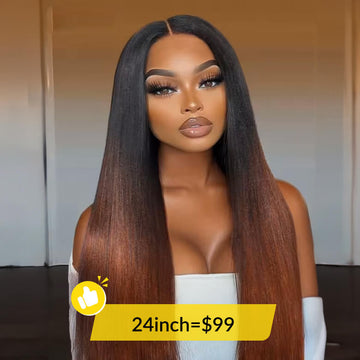 [24inch=$99]Reddish Brown Kinky Straight Dark Root Glueless Wig Flash Sale