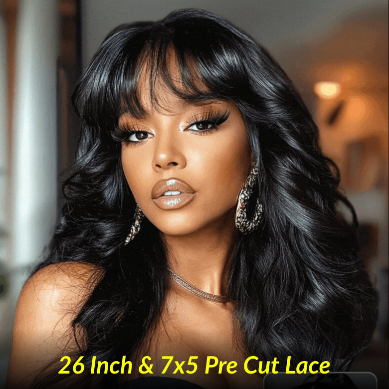 [26"=$29 By Afterpay] 180% Density Bye Bye Knots Lace Closure Fluffy Hair Loose Wave 3D Dome Cap Wigs With Bangs Flash Sale Black Friday VIP Member Exclusive