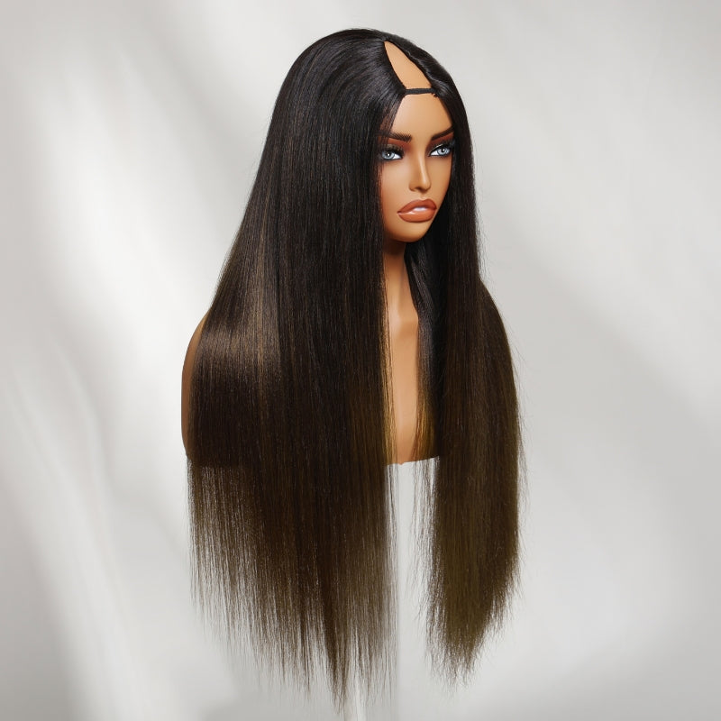 Sunber Yaki Straight Chestnut Brown Ombre V Part Glueless Human Hair Wig With Invisi Drawstring