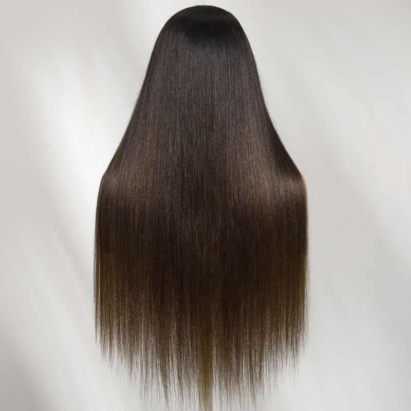 Sunber Yaki Straight Chestnut Brown Ombre V Part Glueless Human Hair Wig With Invisi Drawstring