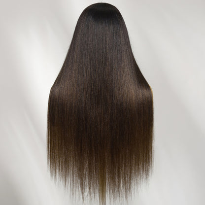 Sunber Yaki Straight Chestnut Brown Ombre V Part Glueless Human Hair Wig With Invisi Drawstring