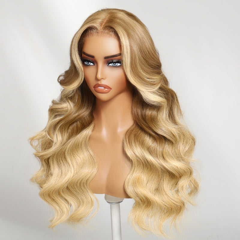 Sunber 13x4 Pre Everything Golden Blonde Balayage Layered Loose Wave Lace Frontal WIth Face-Framing Curtain Bangs