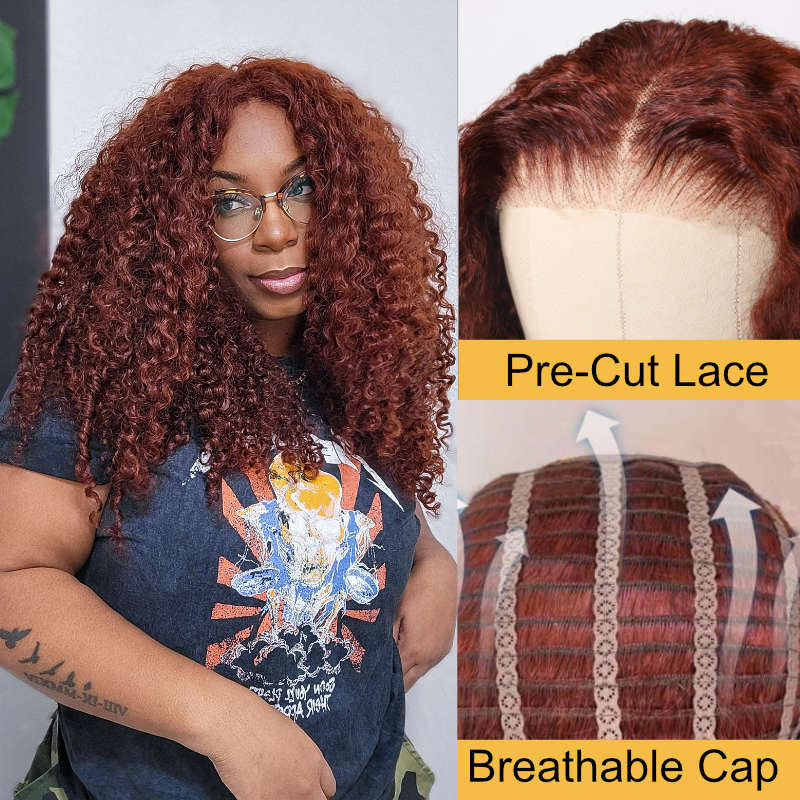 Flash Sale Sunber Reddish Brown Lace Part Curly Wig 6*4.75 Pre-Cut Lace Wear And Go Wig Pre Plucked Hairline