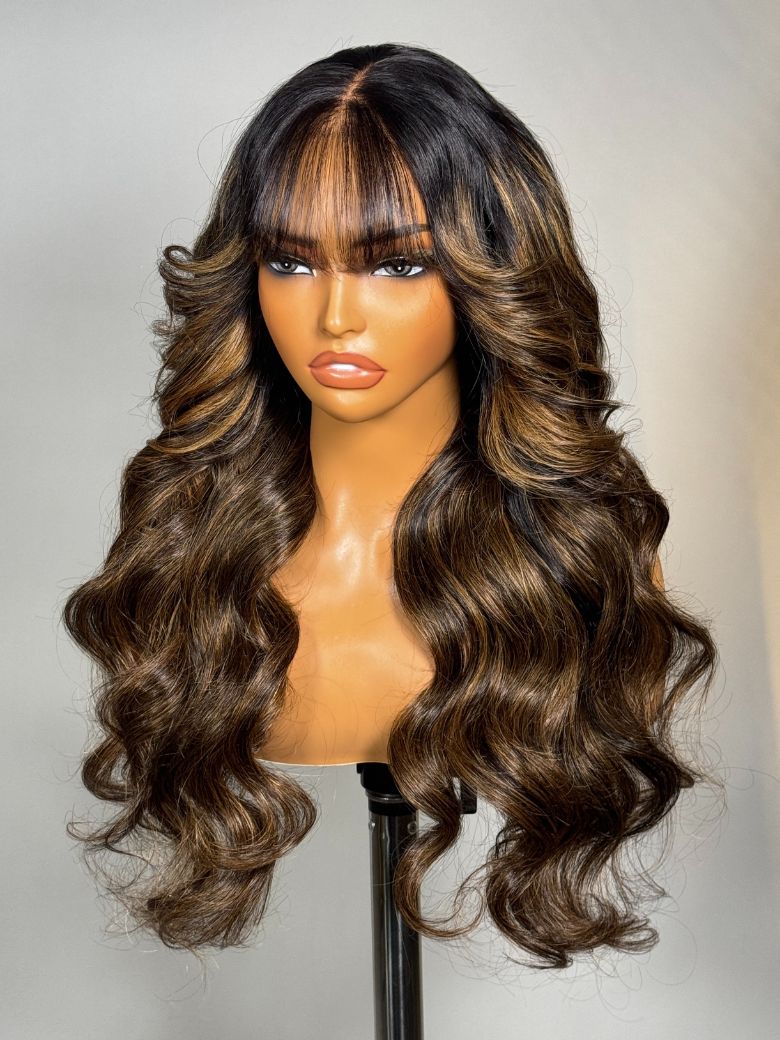 Sunber Pre-Everything 13x4 Lace Frontal Loose Wave Wigs with Bangs-Fluffy Hair  3D Dome Cap & Glueless