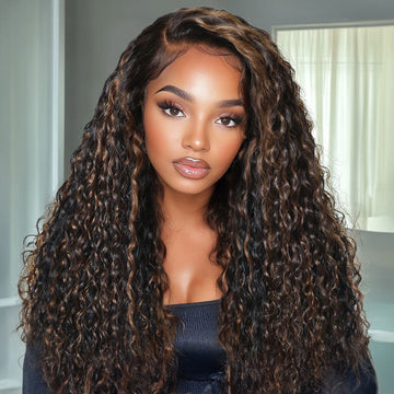 Sunber Golden Brown Highlights 7x5 Bye Bye Knots Water Wave Lace Closure Wig With Pre Bleached Tiny Knots