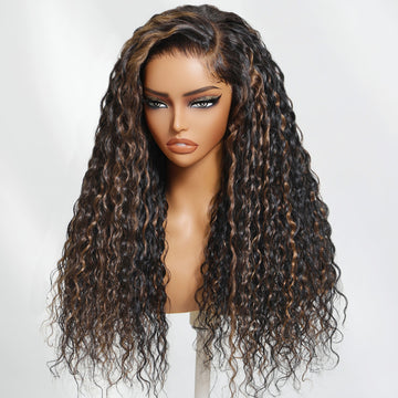 Sunber Golden Brown Highlights 7x5 Bye Bye Knots Water Wave Lace Closure Wig With Pre Bleached Tiny Knots