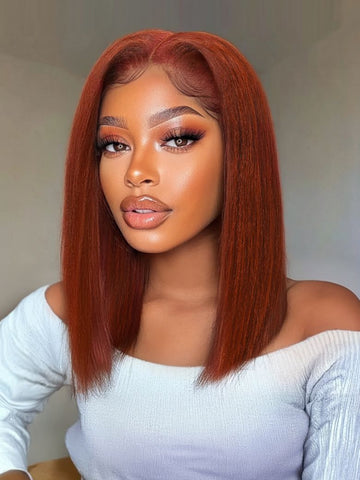 Sunber 7x5 Bye Bye Knots Reddish Brown Yaki Straight Short Bob Wig With Invisi Drawstring