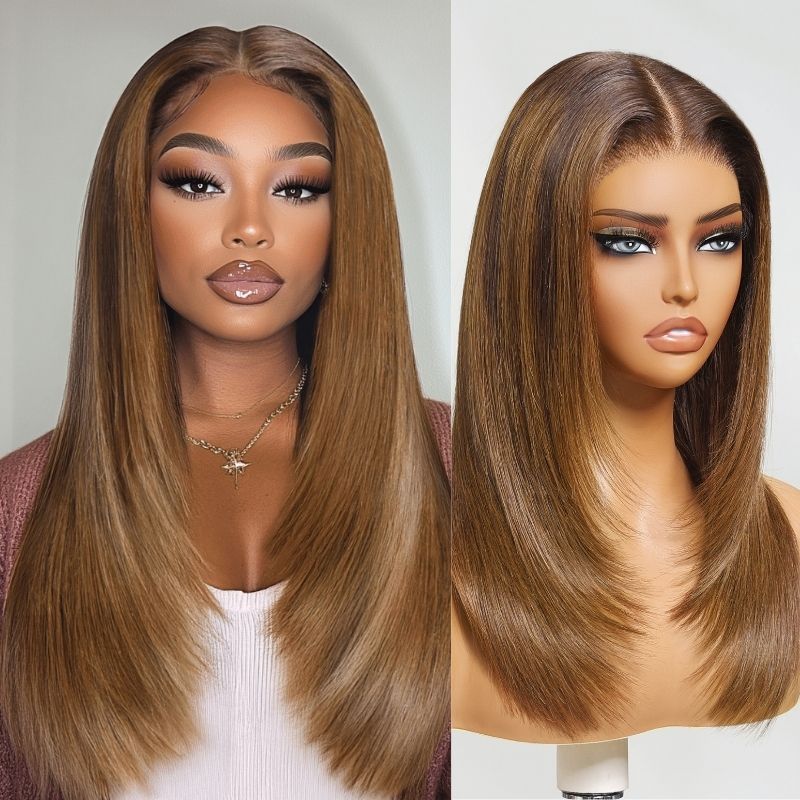 Sunber 13x4 Pre Everything Dark Brown Hair With Caramel Highlights Layers Straight Lace Frontal Wig Flash Sale